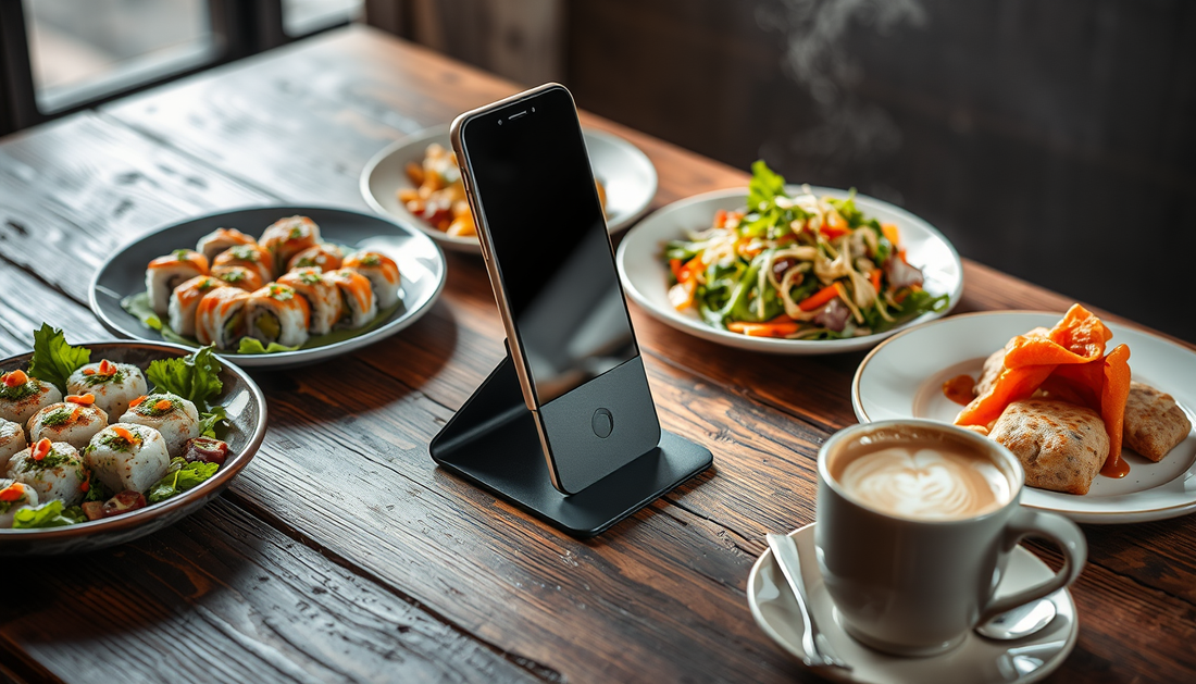 phone on stand with food